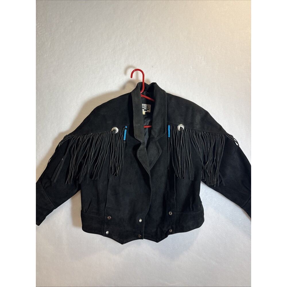 Vtg YEARBOOK Jacket Womens Size S Black Suede Crop Western Fringe Motorcycle 90s